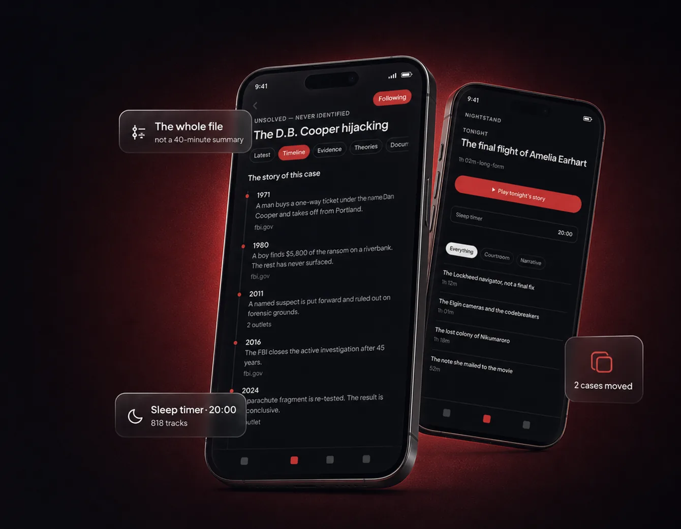 Two phones running Casewire: a case file open at its timeline, each entry dated and credited to its source, and the Nightstand with tonight's story and a sleep timer set to 20:00.