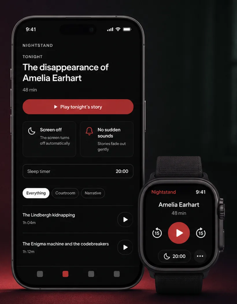 Casewire Nightstand on a phone and a watch: tonight's long-form story with a play button, a sleep timer set to 20:00, and the promise that the screen turns itself off with no sudden sounds.